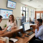 A modern, high-tech eye care and optometry clinic reception area with multiple staff and patients using digital technology. Features include wall-mounted scheduling monitors, self-check-in kiosks, administrative staff with a headset, and a medical professional using a tablet to register a new patient at the front desk.