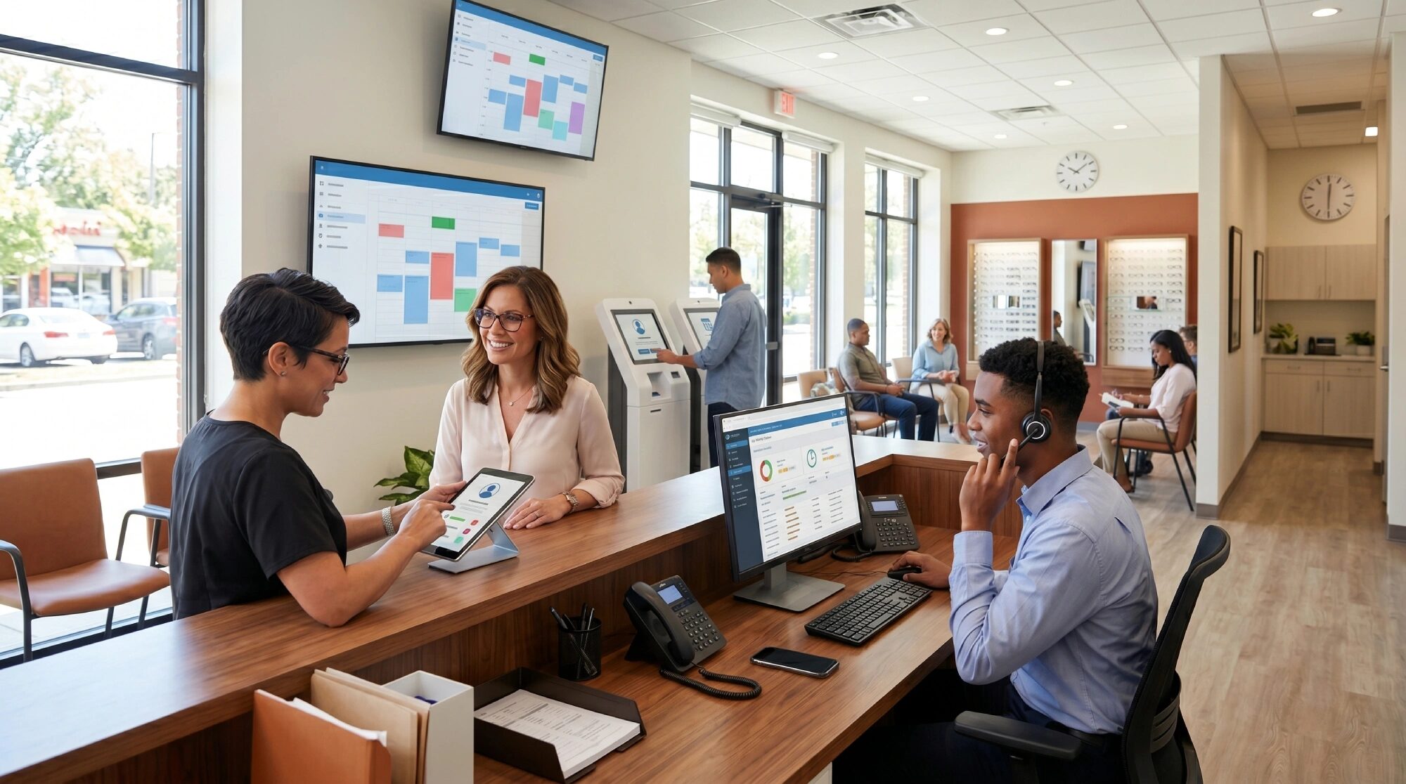A modern, high-tech eye care and optometry clinic reception area with multiple staff and patients using digital technology. Features include wall-mounted scheduling monitors, self-check-in kiosks, administrative staff with a headset, and a medical professional using a tablet to register a new patient at the front desk.