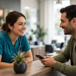 An eye care practice staff member smiling and conversing with a male patient at the clinic's front desk.